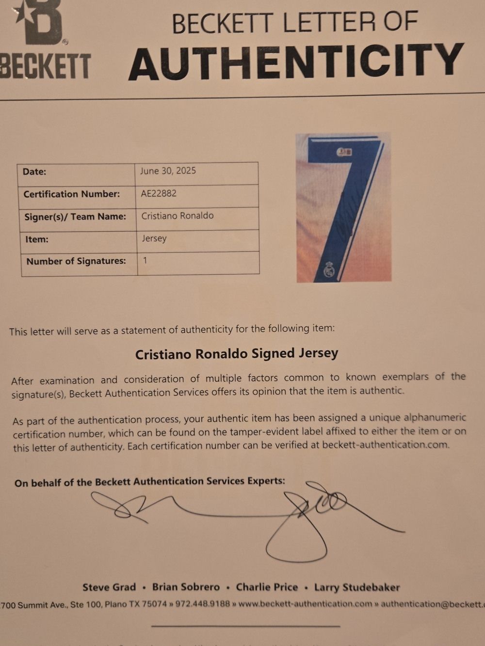 Beckett Letter of Authenticity - Cristiano Ronaldo Signed Jersey